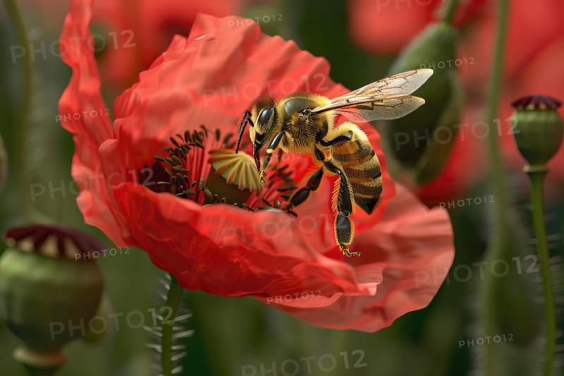 Honeybee foraging a red poppy, AI generated