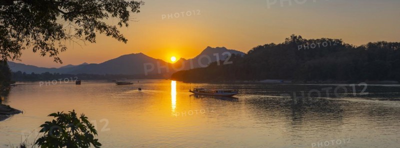 Sunset on the Mekong near Luang Prabang, Laos, Asia
