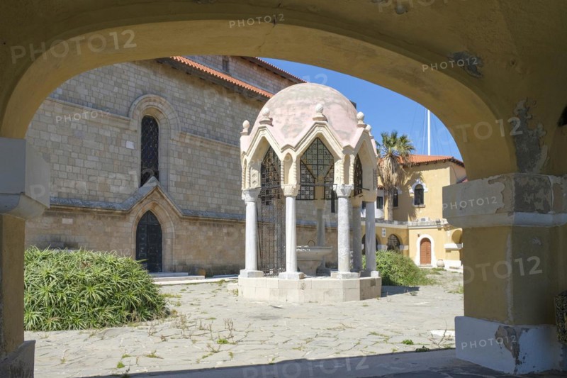 Church of the Annunciation of the Virgin Mary, Fountain, Rhodes Town, Rhodes, Dodecanese Archipelago, Greek Islands, Greece, Europe