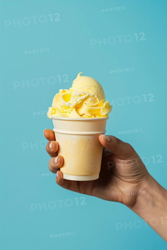 Hand holding yellow ice cream in cup. KI generiert, generiert, AI generated