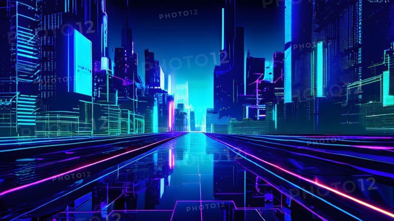 AI generated illustration of a cityscape with skyscrapers and holographic elements in blue and pink colors