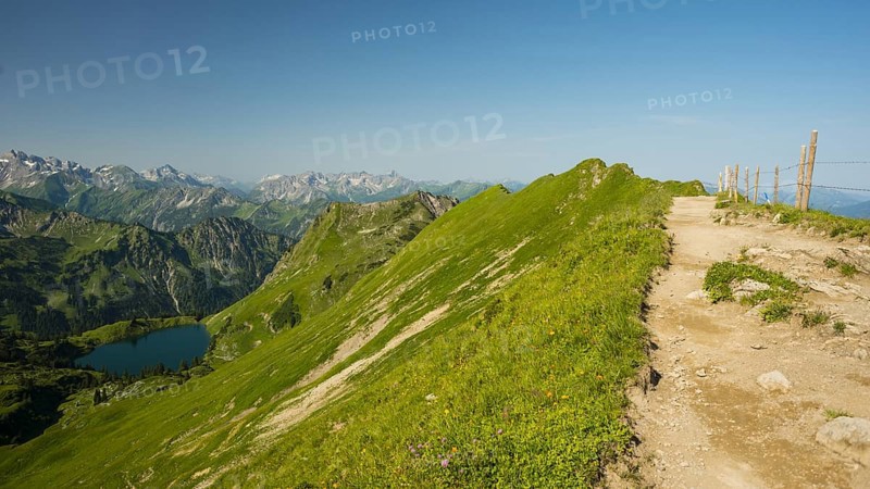 Panorama from Zeigersattel to Seealpsee, Allgaeu Alps, Allgaeu, Bavaria, Germany, Europe