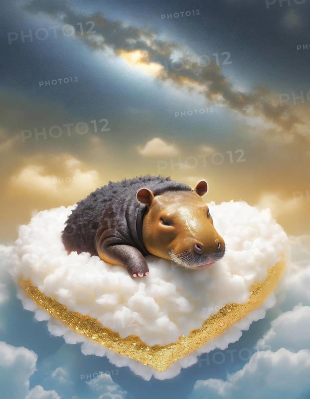 Playful illustration of a capybara lounging on a fluffy cloud with a beautiful sunset backdrop, AI generated