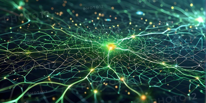 Ai generated conceptual illustration of a neuronal network with interconnected nodes pulsating in green tones, AI generated