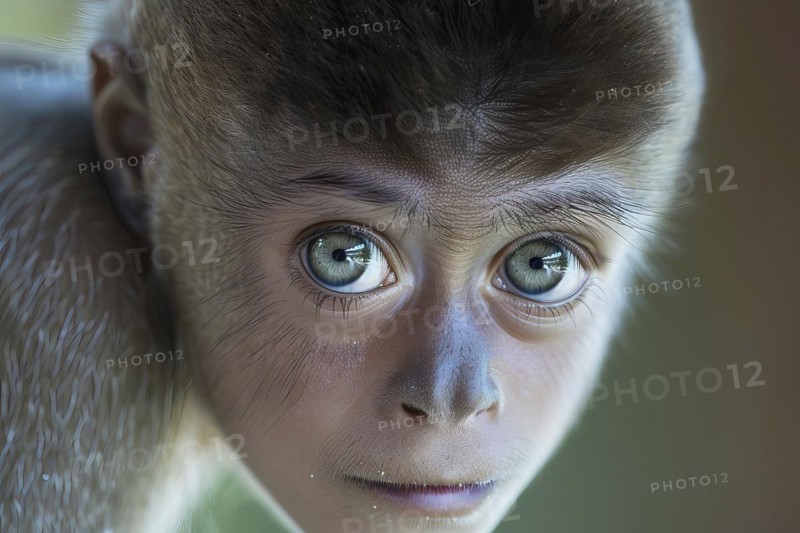 Imaginary monkey with human face and eyes, AI generated