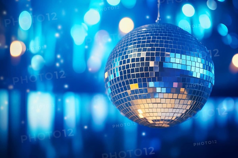 A disco ball is suspended from the ceiling at party in nightclub, reflecting the lights and creating a festive atmosphere, AI generated
