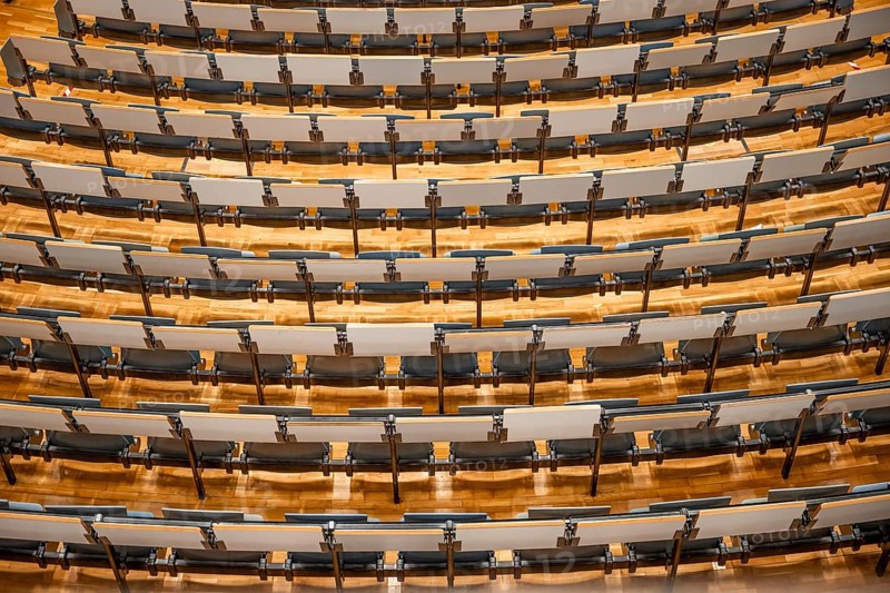View from above of empty rows of seats in a lecture theatre, interior photo, Department of Mechanical Engineering, Technical University of Munich, TUM, Garching, Bavaria, Germany, Europe
