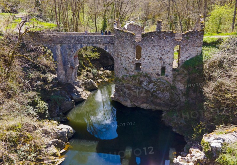 Partially destroyed old stone bridge over a river, surrounded by lush greenery, Bridge of the Devil, Pont de Diable, Romanesque stone bridge, Ariege River, Montoulieu, Ariege, France, Europe