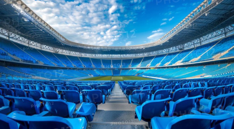 Big olympic stadium and soccer field full of blue seats with a blue sky in the background, AI generated