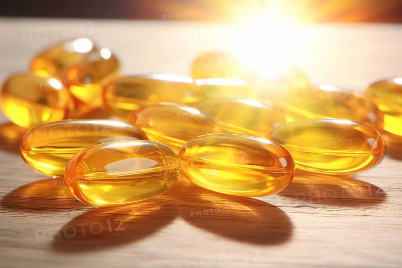 Orange Vitamin D capsule tablets in sun. KI generiert, generiert, AI generated