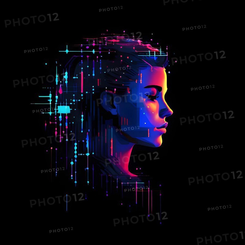 AI generated female human head digitalised in pixel art style presenting a mosaic of vibrant hues in neon glow