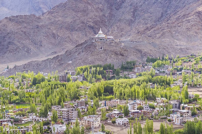 Panorama over Leh, behind it the Shanti Stupa, Ladakh, Jammu and Kashmir, India, Asia