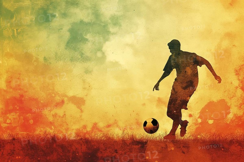 A soccer player dribbles and kicks a soccer ball. Abstract vintage grungy poster style with muted colors, AI generated