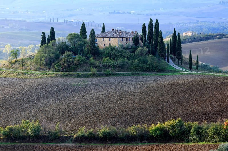 Secluded farmstead on a hill in Tuscany surrounded by cultivated fields, Italy, Tuscany, Podere Belvedere, Val d'Orcia, Pienza, Siena Province, Europe