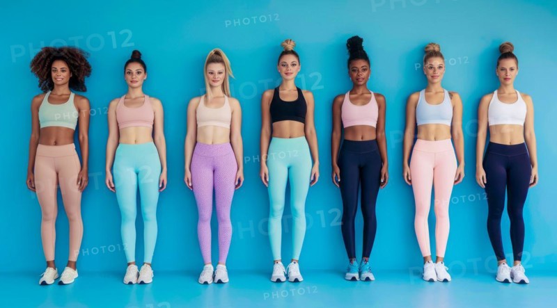 A group of slim attractive athletic women are standing in a row wearing different sportswear, AI generated