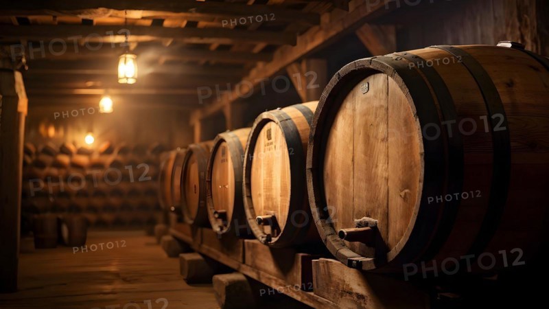 AI generated rustic wine cellar filled with wooden oak barrels