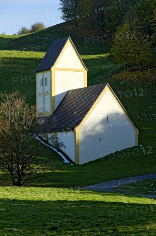 Copy of the Romanesque pilgrimage church Heilig Kreuz, sculpture and art object sunken village by Timm Ulrichs, Kunst am Bau at the Allianz Arena, Froettmaninger Berg, Froettmaning, Munich, Upper Bavaria, Bavaria, Germany, Europe