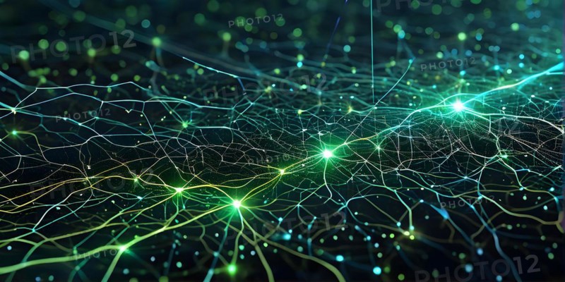 Ai generated conceptual illustration of a neuronal network with interconnected nodes pulsating in green tones, AI generated