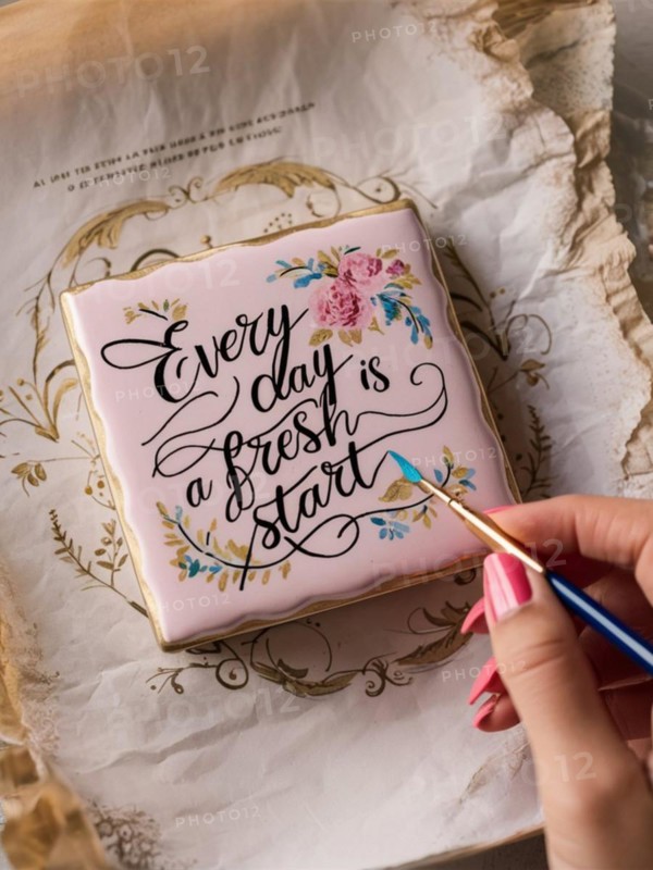 Close-up of a hand practicing calligraphy with an inspirational message surrounded by floral designs, AI generated
