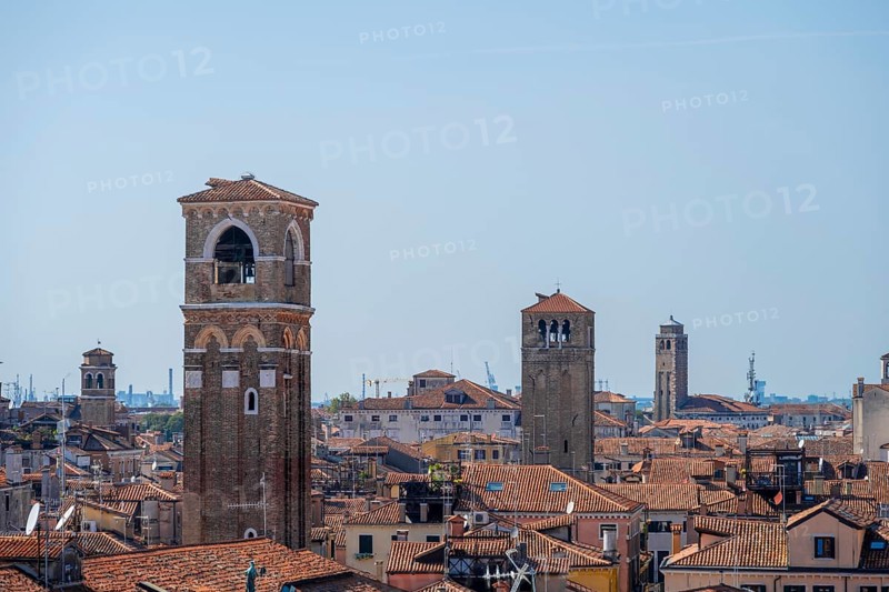 View over the roofs of Venice with many church towers and the church Basilica di Santa Maria Gloriosa dei Frari, view from the roof of the Fondaco dei Tedeschi, Venice, Veneto, Italy, Europe