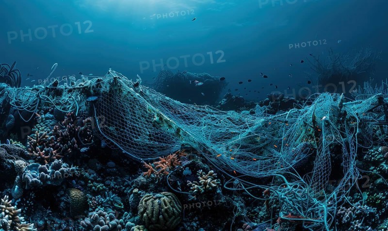 Abandoned fishing nets entangled on a coral reef, underwater background AI generated