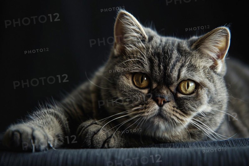Cute British Shorthair cat on dark background. KI generiert, generiert, AI generated