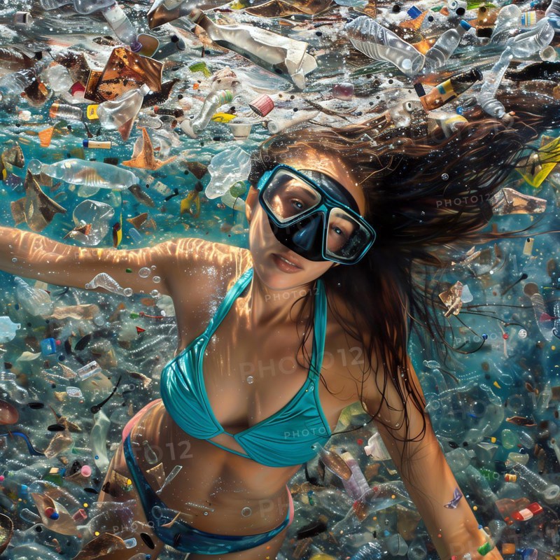 A woman dives into a sea full of plastic waste, eye contact with the camera, AI generated