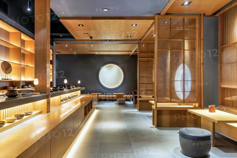 A modern Japanese restaurant with elegant wooden furnishings and warm lighting, crockery, Japan, AI generated, AI generated, Asia