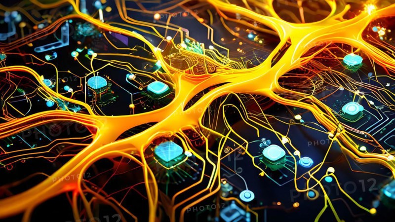 Ai generated conceptual illustration of a neuronal network with interconnected nodes pulsating in yellow tones, AI generated