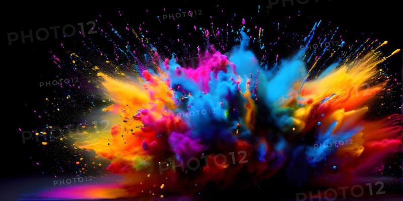 Rainbow-colored holi powder explosively dispersing against a black background, AI generated