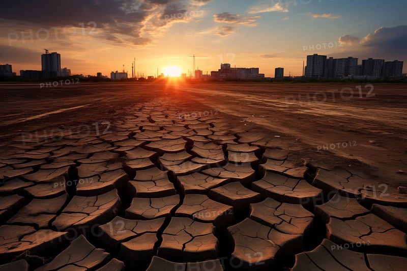 Drought climate change ecology solitude concept, dry dead tree in desert with a dry, cracked ground with city skyscrapers in background on sunset, AI generated