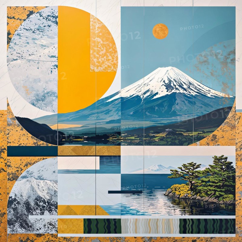 Graphic design with geometric representation of Mount Fuji with structured elements, Japan, AI generated, AI generated, Asia