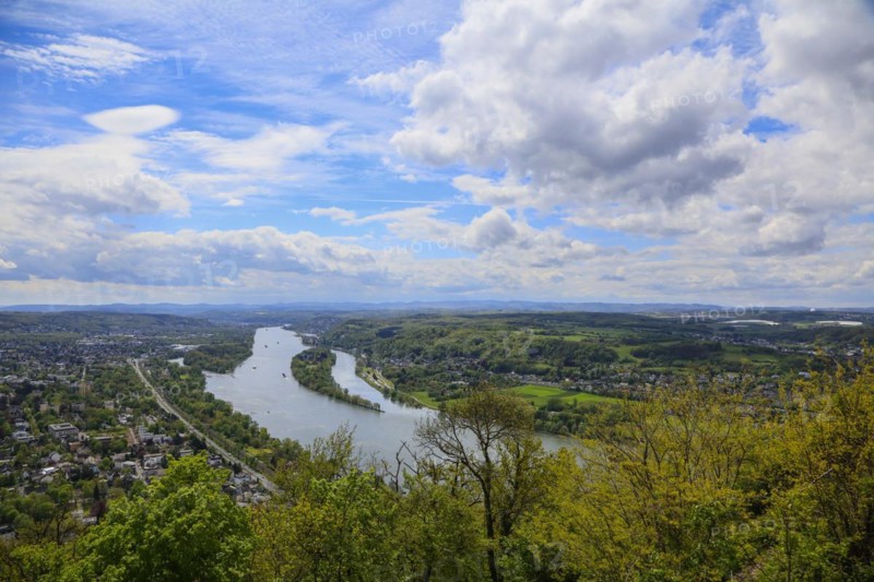 View from the Drachenfels, mountain in the Siebengebirge to the Rhine with Nennenwerth Island between Koenigswinter and Bad Honnef, North Rhine-Westphalia, Germany, Europe