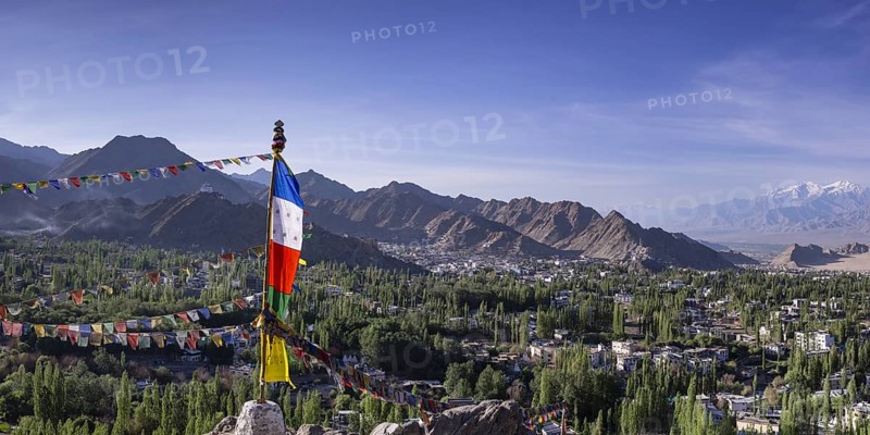 Panorama over Leh and the Namgyal Tsemo Gompa monastery on Tsenmo Hill, a viewpoint over Leh, Ladakh, Jammu and Kashmir, India, Asia