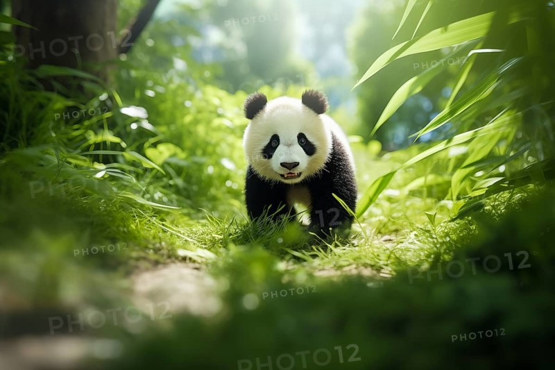 Cute panda cub in a lush bamboo grove, The image showcases the beauty and serenity of nature and wildlife. Endangered species, AI generated