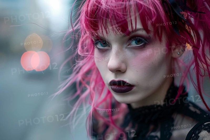 Face of young woman in black and pink gothic style in street. KI generiert, generiert, AI generated