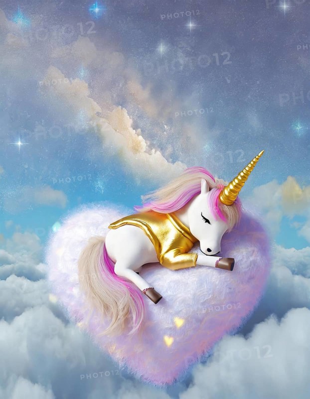 Magical unicorn rests on a heart-shaped cloud amongst a starry sky, AI generated