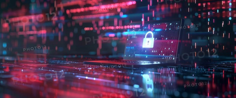 A laptop with a padlock on the screen, concept of cyber security, computer security and protection, AI generated