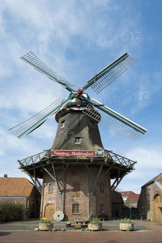 Historic windmill, slaughter mill, two-storey gallery windmill with wind rose, Jever, East Frisia, Lower Saxony, Germany, Europe