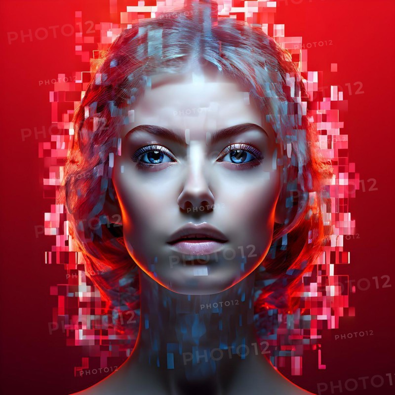 AI generated female human head digitalised in pixel art style presenting a mosaic of vibrant hues in neon glow