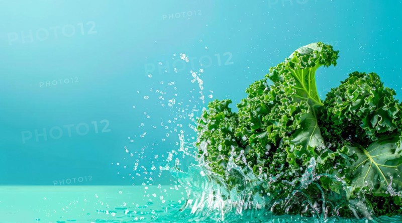 Fresh bunch of green kale floating in water. A concept of vegetarian lifestyle and vegetarian diet, AI generated
