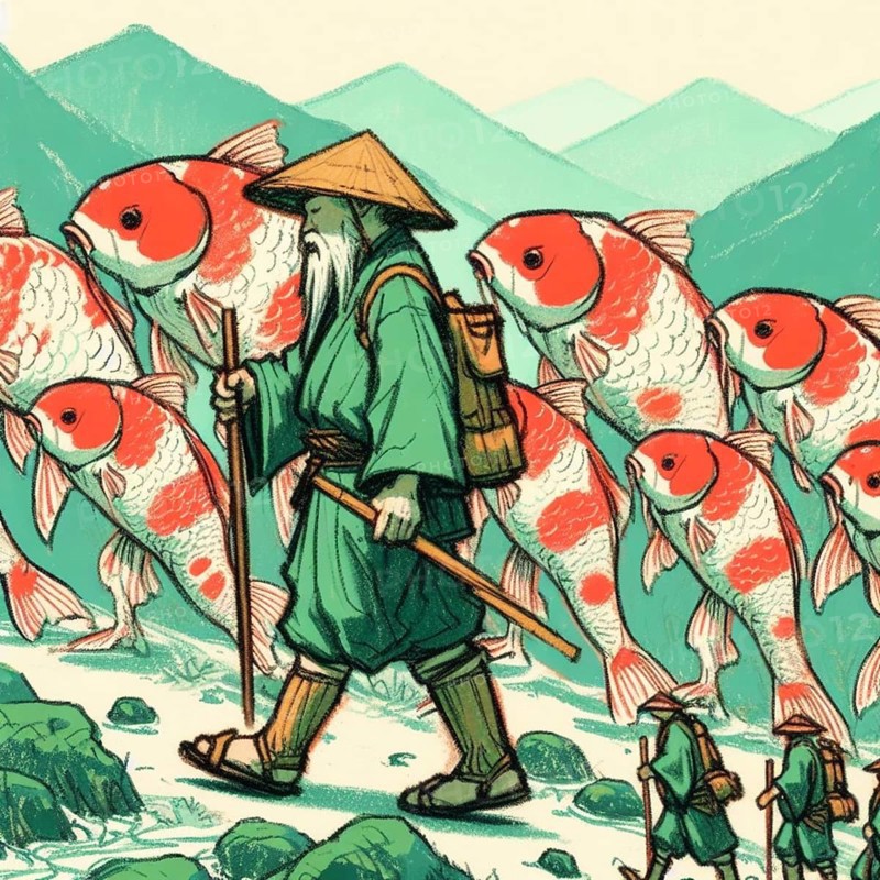 Surreal illustration of a cloaked traveler with a staff walking through a fantasy landscape populated by enormous, vibrant koi fish against a backdrop of rolling hills, AI generated