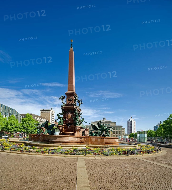 Mendebrunnen, Krochhochhaus, Leipzig Opera House and Wintergarten Tower, Augustusplatz, Leipzig, Saxony, Germany, Europe