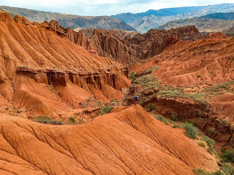 Hiker standing in badlands, gorge with eroded red sandstone rocks, Konorchek Canyon, Boom Gorge, aerial view, Kyrgyzstan, Asia