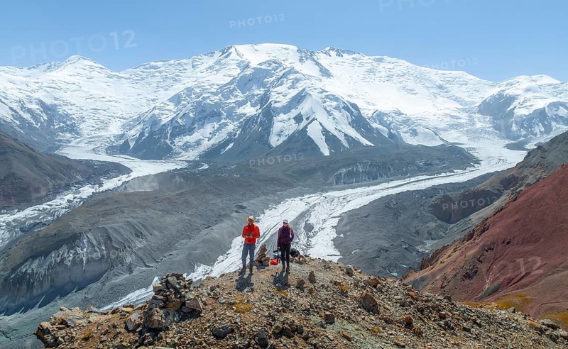 Aerial view, panorama, high mountain landscape with glacier moraines and glacier tongues, glaciated and snow-covered mountain peaks, Lenin Peak and Peak of the XIX Party Congress of the CPSU, Traveller's Pass, Trans Alay Mountains, Pamir Mountains, Osher Province, Kyrgyzstan, Asia