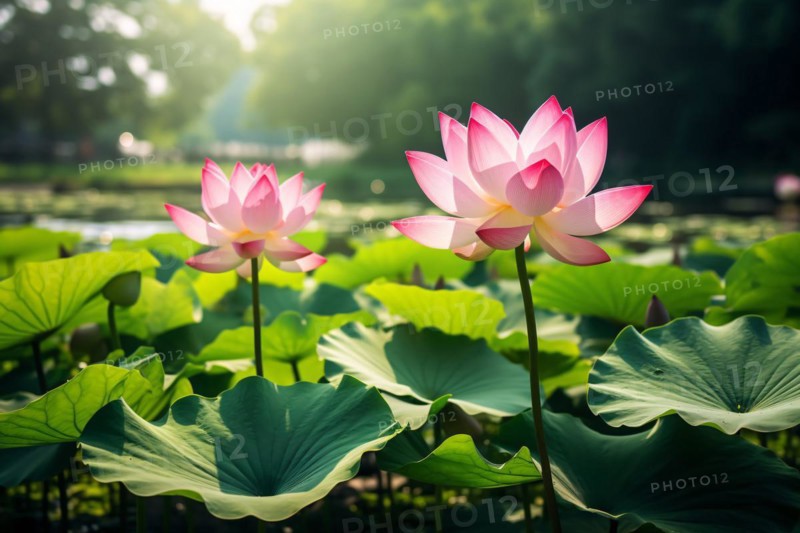 Beautiful Lotus flowers growing in pond. KI generiert, generiert, AI generated