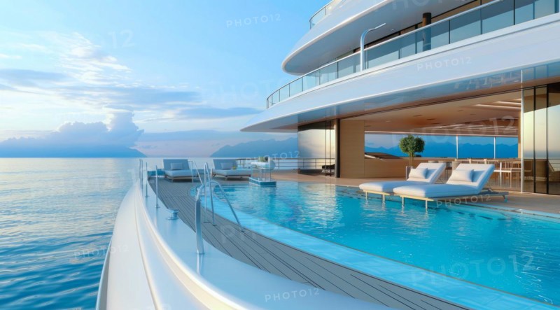 A large luxury yacht with a pool on the side of it. The pool is surrounded by a railing and has a view of the ocean. The yacht is white and has a blue sky in the background, AI generated