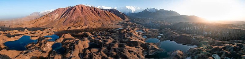 Aerial view, high mountain landscape with glacial moraines and mountain lakes, behind Pik Lenin, Trans Alay Mountains, Pamir Mountains, Osher Province, Kyrgyzstan, Asia