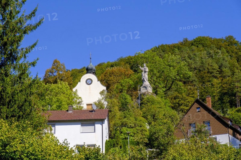 Good Shepherd statue, huts, Schmiechtal, Swabian Alb, Upper Swabia, Swabia, Baden-Wuerttemberg, Germany, Europe