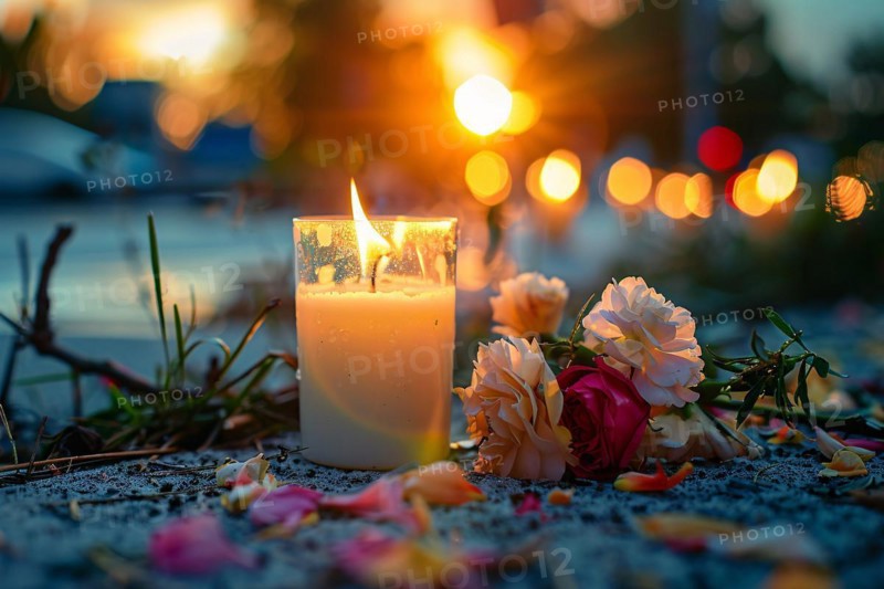 Memorial with candles and flowers in street. KI generiert, generiert, AI generated